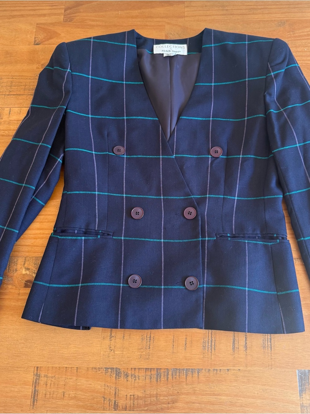 VINTAGE 90’s Navy Windowpane Double-Breasted Blazer with Shoulder Pads